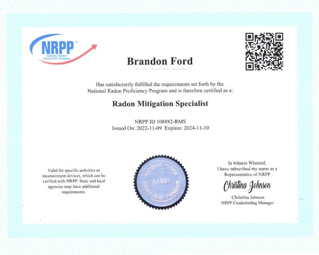 Brandon Ford - Radon Mitigation Specialist Certification