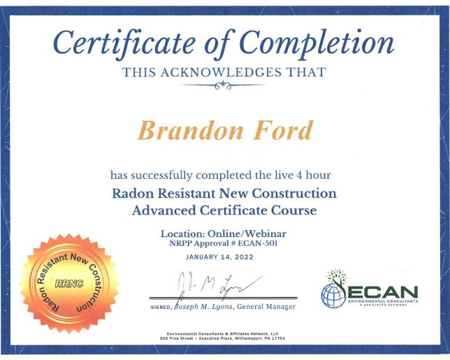 Brandon Ford - Radon Resistant New Construction Advanced Certificate