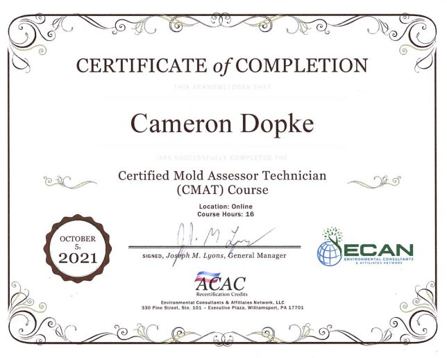 Cameron Dopke - Certified Mold Assessor Technician