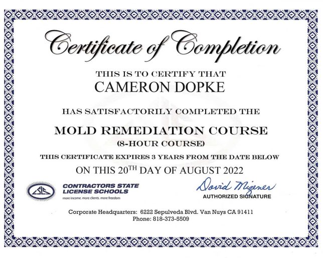 Cameron Dopke - Mold Remediation Course Certification