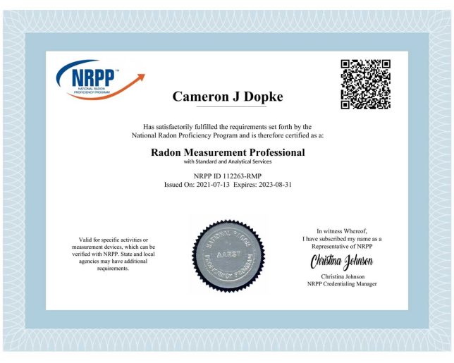 Cameron Dopke - Radon Measurement Professional Certification