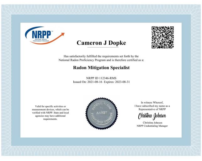 Cameron Dopke - Radon Mitigation Specialist Certification