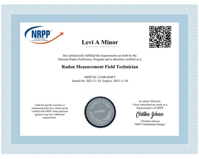 Levi Minor - Radon Measurement Field Technician Certification